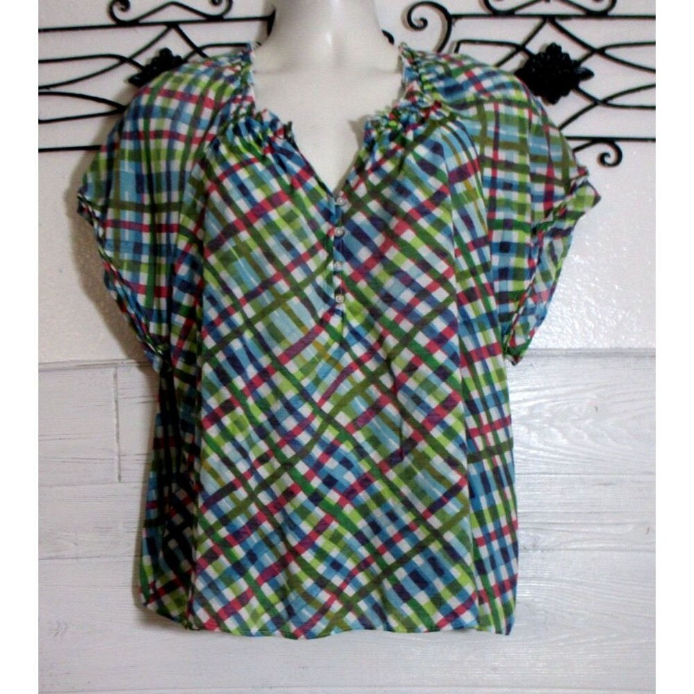 Zac & Rachel Women's Top Size XL Multicolor Plaid Short Sleeve Round Neck